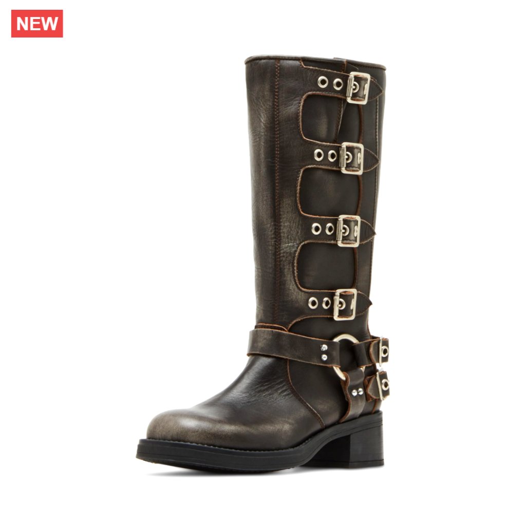 Womens Knee Boots With Harness Buckle Hardware, Adjustable Fit
